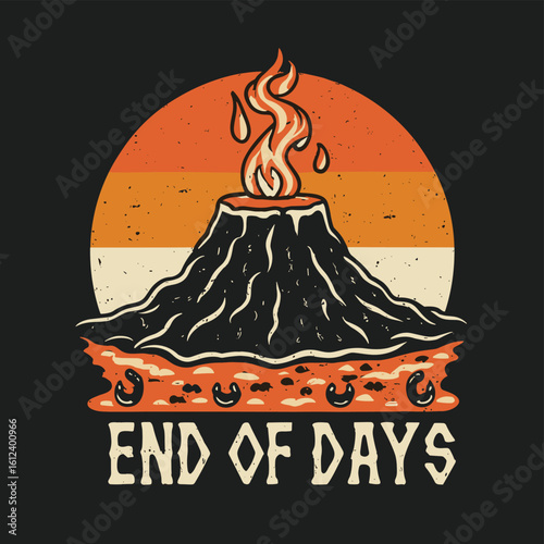 Vector t-shirt design Vintage retro sunset black style design of a cartoon Gibbons A volcano with flames rising from it and Lava is falling from it, text “ end of days"
