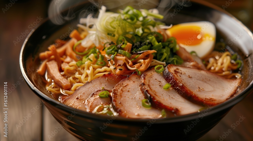 Authentic Japanese Ramen Bowl with Chashu Pork and Soft-Boiled Egg Authentic Japanese Ramen Bowl with Chashu Pork and Soft-Boiled Egg