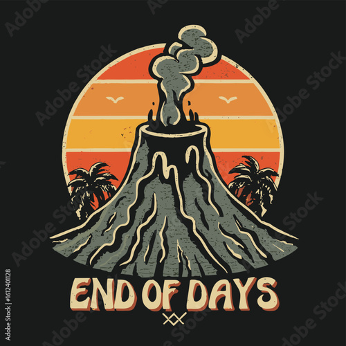 Vector t-shirt design Vintage retro sunset black style design of a cartoon Gibbons A volcano with flames rising from it and Lava is falling from it, text “ end of days"
