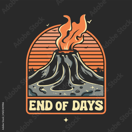 Vector t-shirt design Vintage retro sunset black style design of a cartoon Gibbons A volcano with flames rising from it and Lava is falling from it, text “ end of days"

