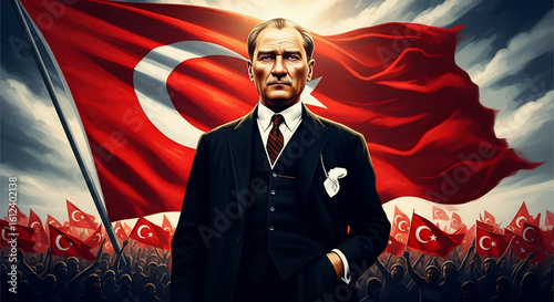 Mustafa Kemal Atatürk stands resolutely before a majestic, waving türk bayrağı, symbolizing Turkish national pride