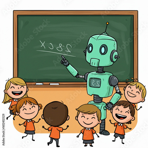 Vector robot teaches kids in the classroom and on the blackboard