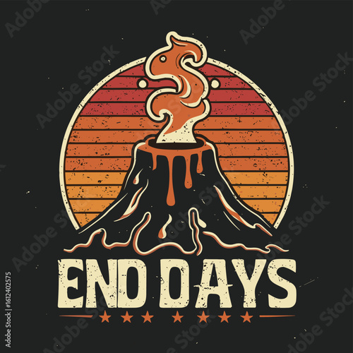 Vector t-shirt design Vintage retro sunset black style design of a cartoon Gibbons A volcano with flames rising from it and Lava is falling from it, text “ end of days"
