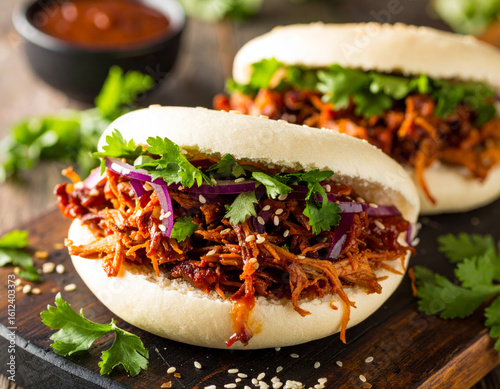 Delicious pulled pork bao buns with fresh herbs and sauce