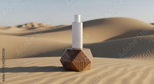 White bottle mockup on a wooden geometric stand, set against a backdrop of sand dunes under a clear sky.