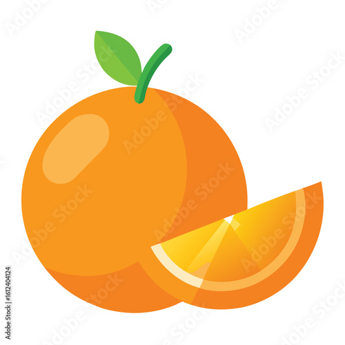 Flat icon of an orange fruit with small green leaves isolated on white background
