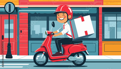 An illustration of a cheerful delivery man on a red scooter, transporting a package through a city street.