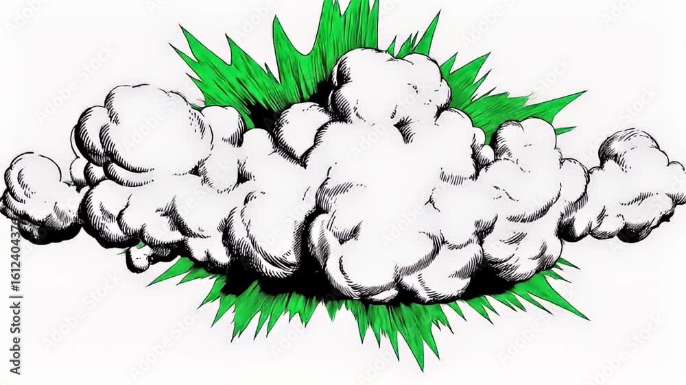 White Puffy Cloud with Green Explosion Illustration Graphic Design Art