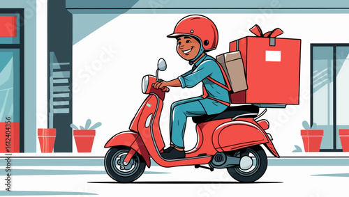 Cheerful courier on a red scooter making a fast package delivery. Concept of urban logistics and e-commerce.