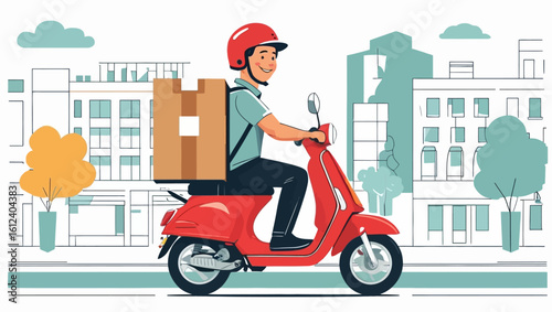 Vector illustration of a friendly delivery man riding a scooter with a parcel box for an express shipping service in an urban setting.
