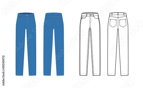 Set of Jeans Denim pants technical fashion illustration with full length, normal waist, high rise, coin, angled 5 pockets, Rivets. Flat blue bottom template front, back, grey color style. CAD mockup