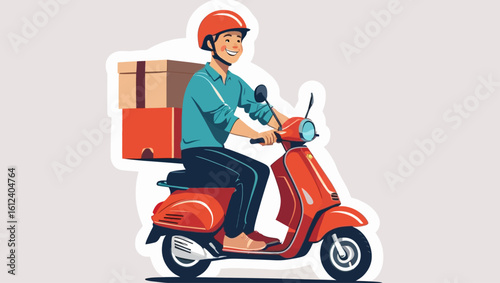 Illustration of a friendly courier delivering packages on a red scooter. Fast shipping and delivery service concept.
