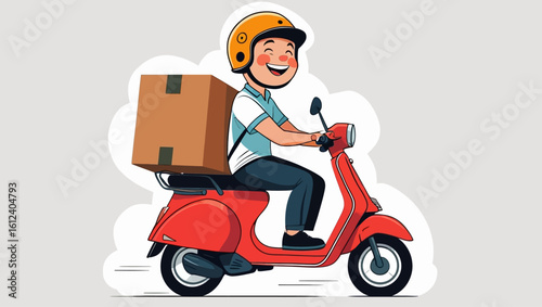 Smiling Courier Delivering Package on Scooter - Fast Delivery Concept