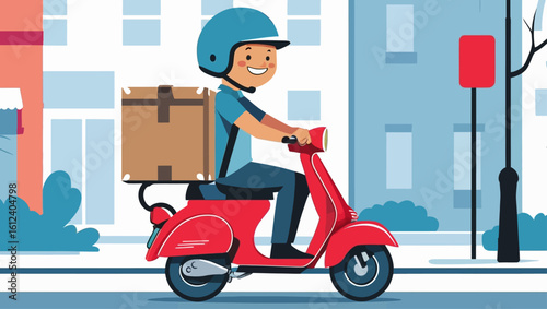 Fast delivery service concept showing a courier in a helmet riding a scooter with a package through a city. Express shipping illustration.