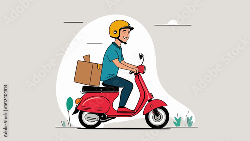 Cartoon illustration of a courier riding a scooter for express package delivery. Online shopping and logistics concept.