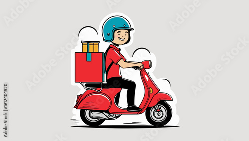 Friendly cartoon courier riding a red scooter for fast package delivery. Express shipping and online order service concept.