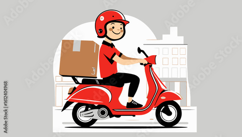 Fast package delivery service with a courier on a red scooter. Vector illustration concept for e-commerce, logistics, and shipping.