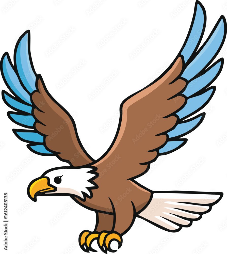 Fototapeta premium Cartoon illustration of a bald eagle in flight.
