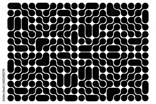 Metaball pattern. Circuit texture. Black liquid drops or morph shapes. Organic blobs or nano molecular structure. Modern abstract print with connected dots. Vector graphic illustration.