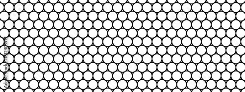 Repeated thick round shapes pattern. Black circles on white background. Mosaic holey texture. Wire, lace, fishing net, cage or lattice structure. Abstract geometric print. Vector graphic illustration.