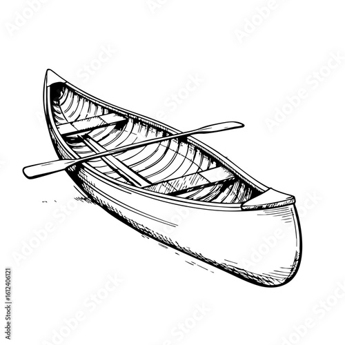 Vintage canoe sketch with oars in black and white illustration  