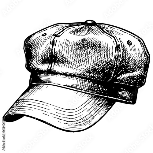Vintage sketch of a cap with detailed stitching and structure  