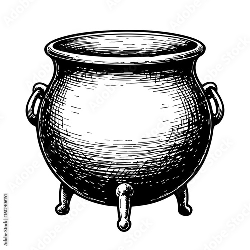 Vintage cauldron sketch in black and white with detailed shading  