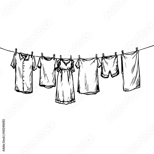 Vintage sketch of clothes hanging on a clothesline  