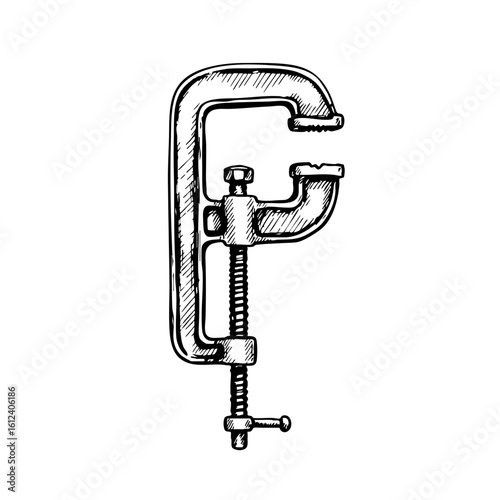 Vintage sketch of a clamp tool for woodworking and construction  