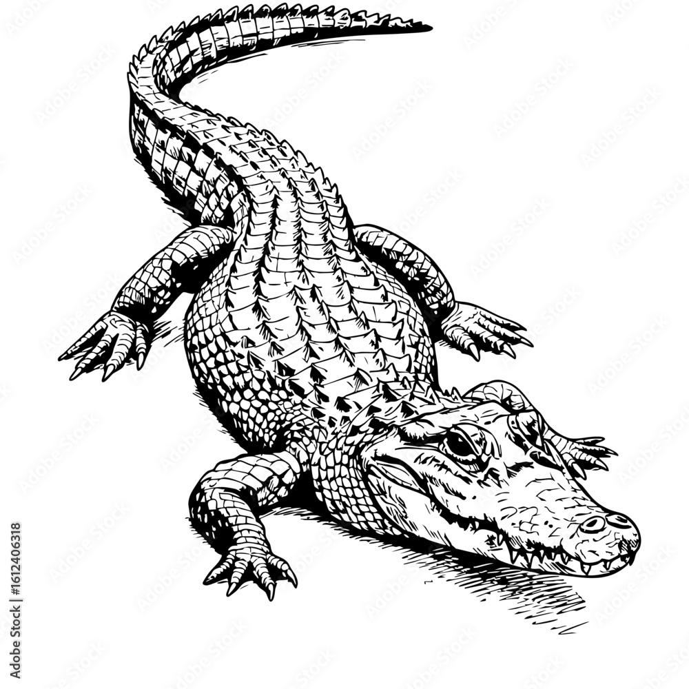 Fototapeta premium Vintage sketch of an alligator in detailed black and white illustration 