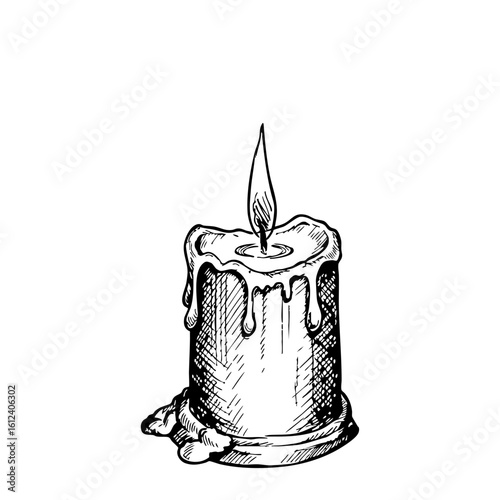 Vintage sketch of a burning candle with wax drippings  