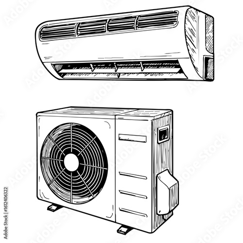 Vintage sketch of an air conditioner unit with indoor and outdoor components  