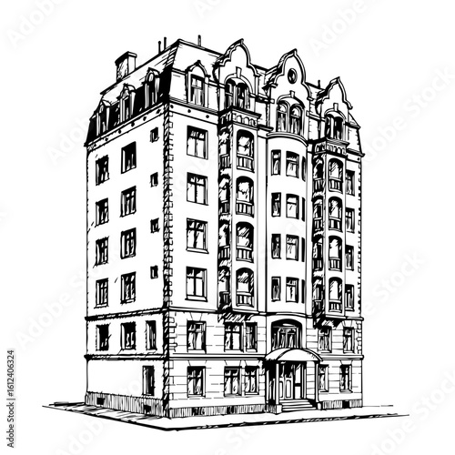 Vintage sketch of an apartment building with detailed architecture  