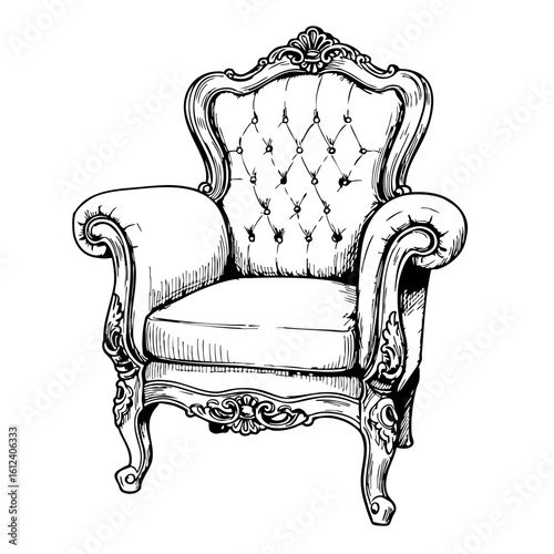 Vintage sketch of an elegant upholstered armchair with ornate details  