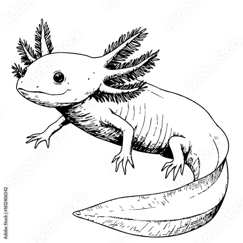 Vintage sketch of an axolotl with detailed features and limbs  