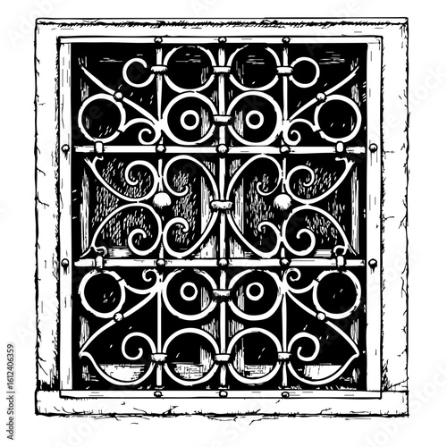 Vintage sketch of a barred window with intricate metalwork design  