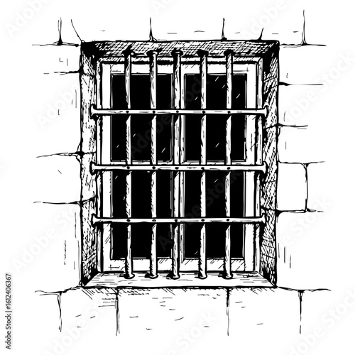 Vintage sketch of a barred window in a stone wall  