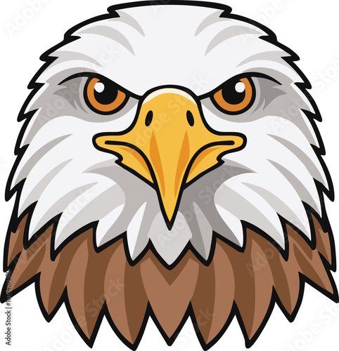 A detailed illustration of a bald eagle's head, facing forward with a stern expression.