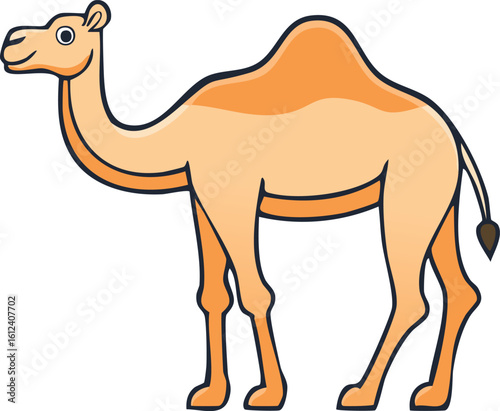 Cartoon illustration of a single-humped camel standing with a cheerful expression.
