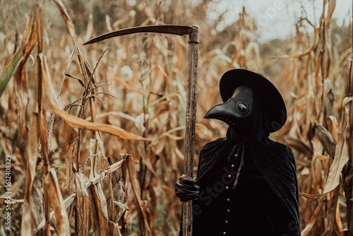 Foto Plague doctor gothic woman with sharp scythe standing in autumn thickets of corn