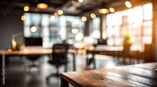 Wooden tabletop with warm bokeh lights. Blurred modern office interior and window glow in the background. Conveys focus, momentum, and professional ambition. Ideal for corporate branding headers.