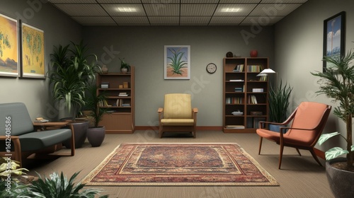 A mid-century modern waiting room furnished with comfortable seating.
