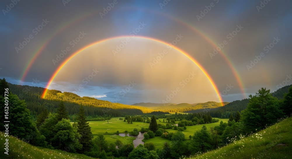 Naklejka premium Rainbow arching over a valley after rain