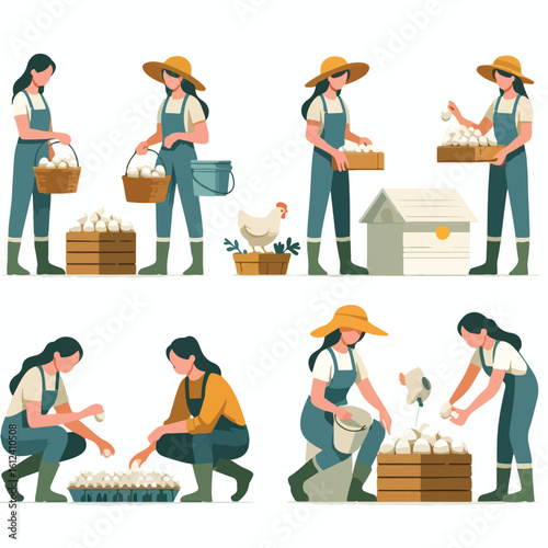 Image of a farmer harvesting chicken eggs with a simple and minimalist flat design using a white background