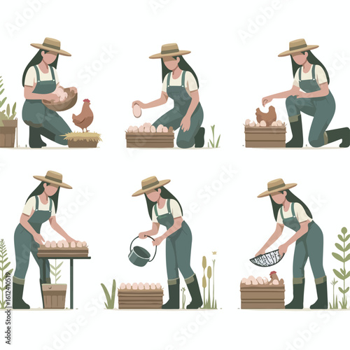 Image of a farmer harvesting chicken eggs with a simple and minimalist flat design using a white background
