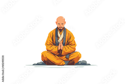 Buddhist monk meditating in a temple isolated