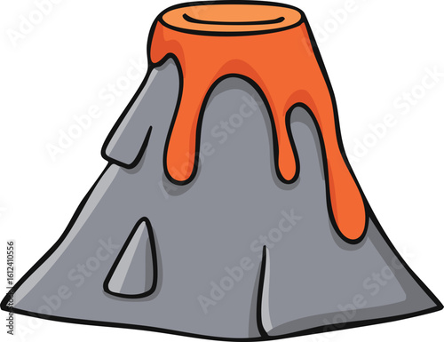 Cartoon illustration of a volcano erupting with orange lava flowing down its gray slopes.