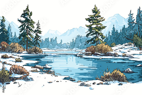 Frozen Lake in a Snowy Winter Landsca isolated