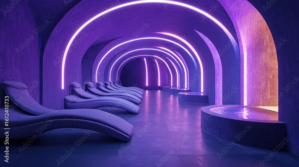 Obraz premium serene relaxation in a futuristic spa retreat illuminated by vibrant neon lights creating a tranquil and otherworldly ambiance with inviting chaise lounges and tranquil pools