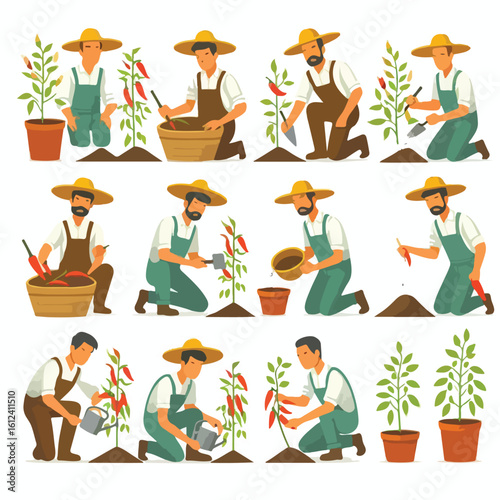 Image of farmers planting chili seeds with a simple and minimalist flat design using a white background